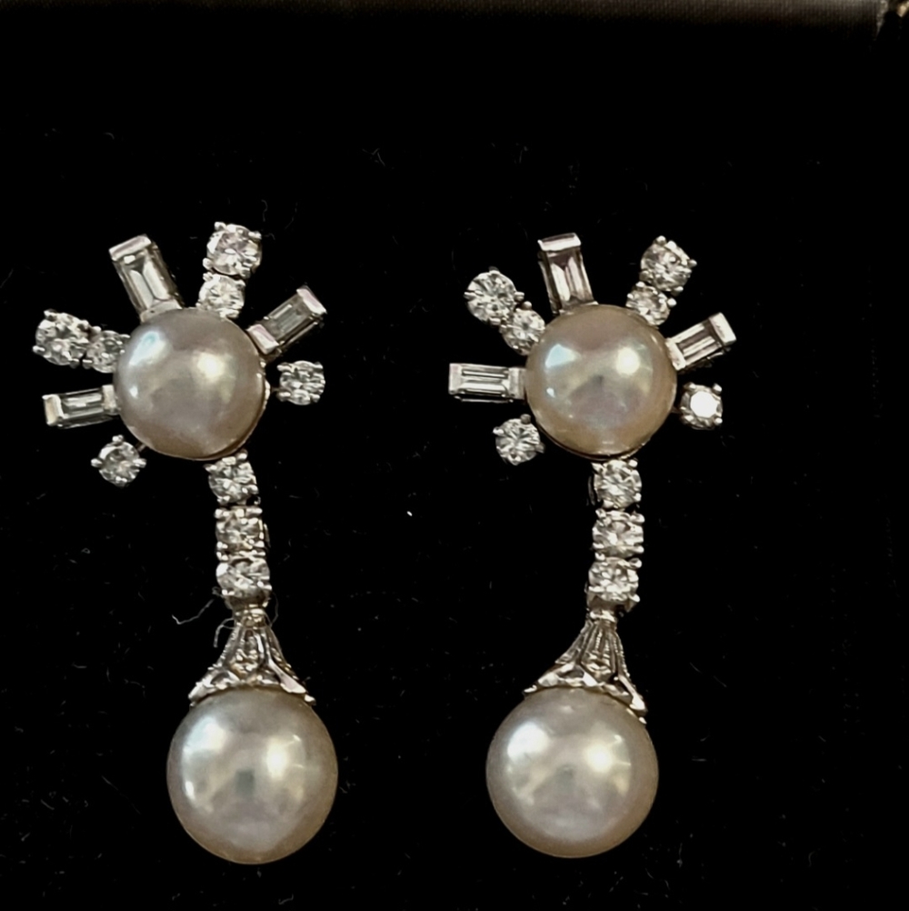 Vintage Pearl Diamond  Baguette Drop Pierce Earrings Stunningly Gorgeous Sparkle